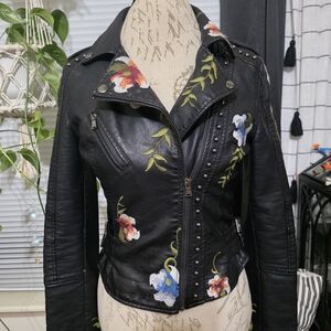 Blank NYC Black Vegan Leather Jacket with Floral Embroidery Silver Studs Biker